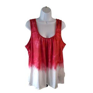 One World Women Sleeveless Tank Top 1X Red White Tie Dye Artsy Boho Hippie Retro